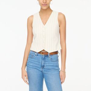 J.CREW Striped Linen-Blend Vest 12 Ivory Camel Button Up V-Neck Lined EUC B26